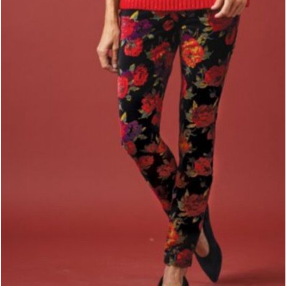 SOFT SURROUNDINGS Velvet Ankle Pant‎ 10 Dark Floral Stretch HighRise Holiday Red